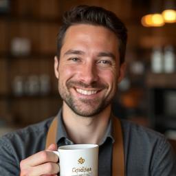Alex Jones smiling barista with a coffee cup