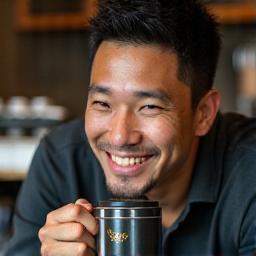 Mateo Li smiling barista with coffee