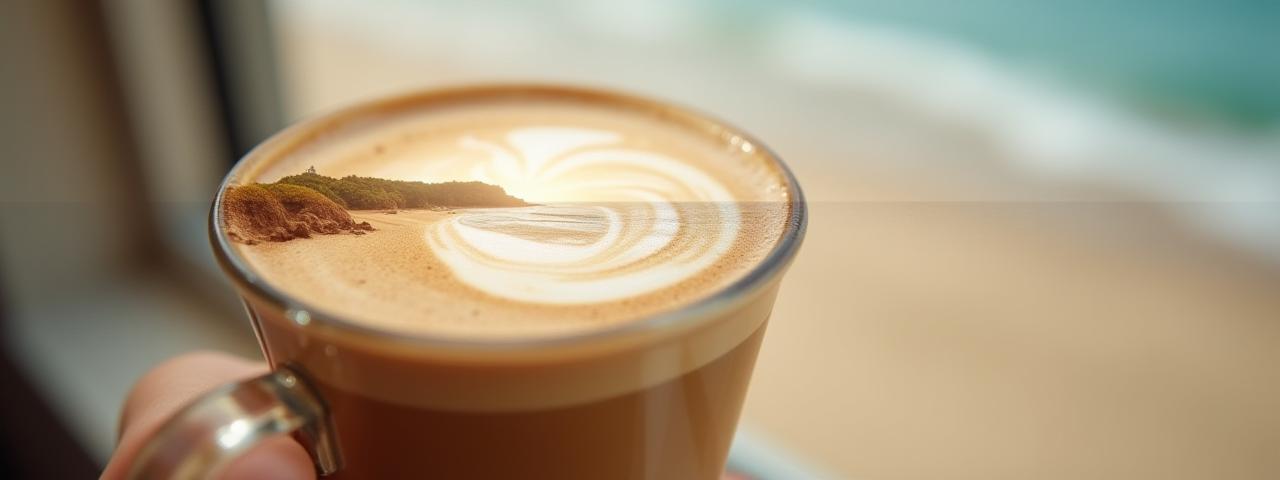 Latte art with Byron Bay shoreline in soft focus overlay