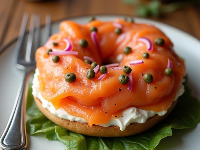 Smoked salmon bagel with cream cheese and capers