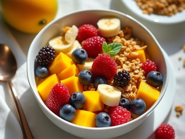 Colorful Summer Mango Bowl with fresh mango, berries, and granola